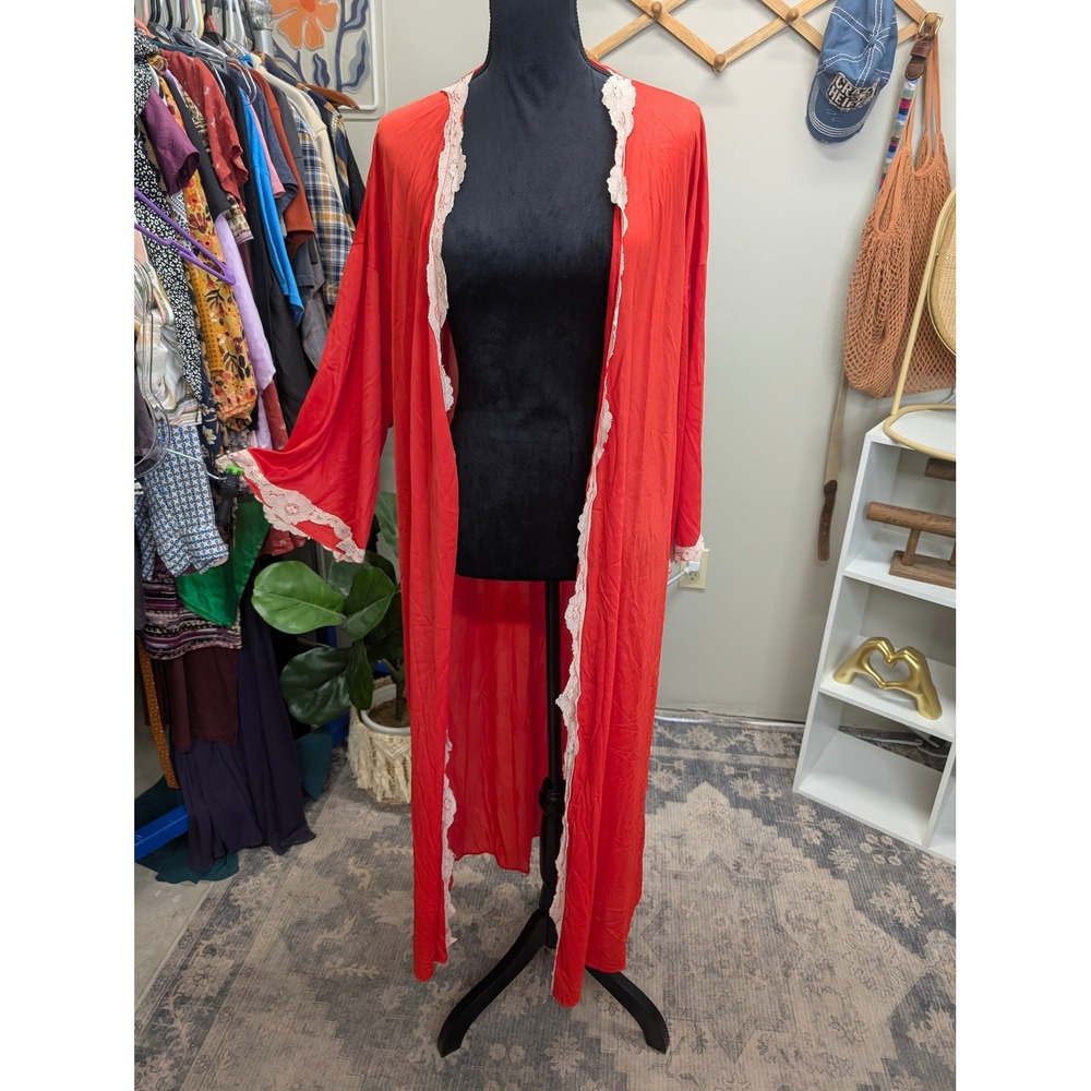 Vintage Montgomery Ward Red Lace Trim Robe Duster Long Nightgown L Large
